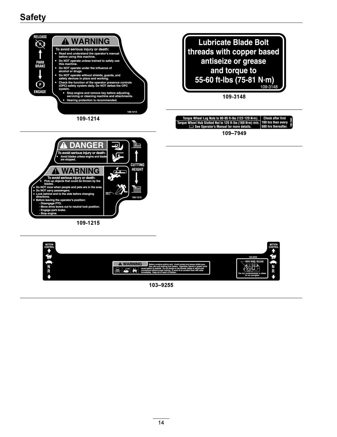 Exmark LZ27KC604 manual 109-1214 109-1215 109-3148 109-7949 103-9255 