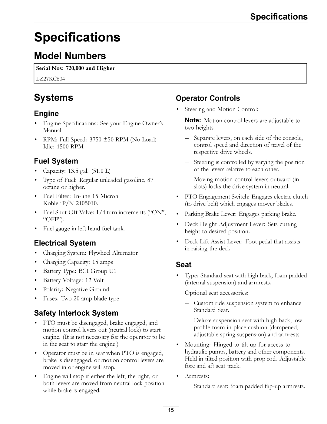 Exmark LZ27KC604 manual Specifications, Model Numbers, Systems 