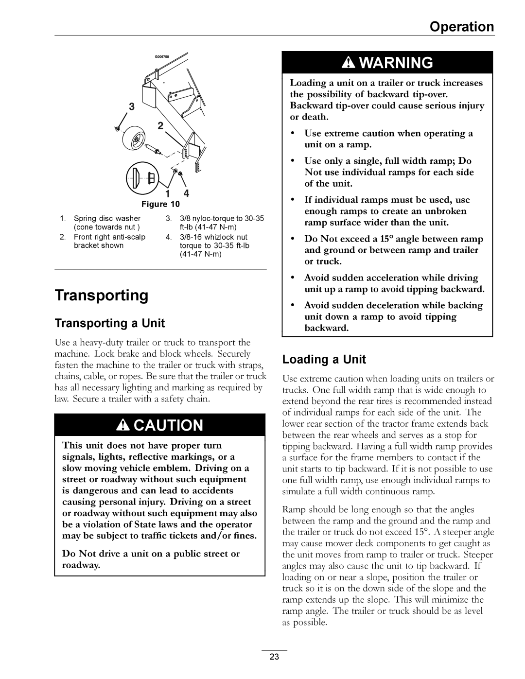 Exmark LZ27KC604 manual Transporting a Unit, Loading a Unit 