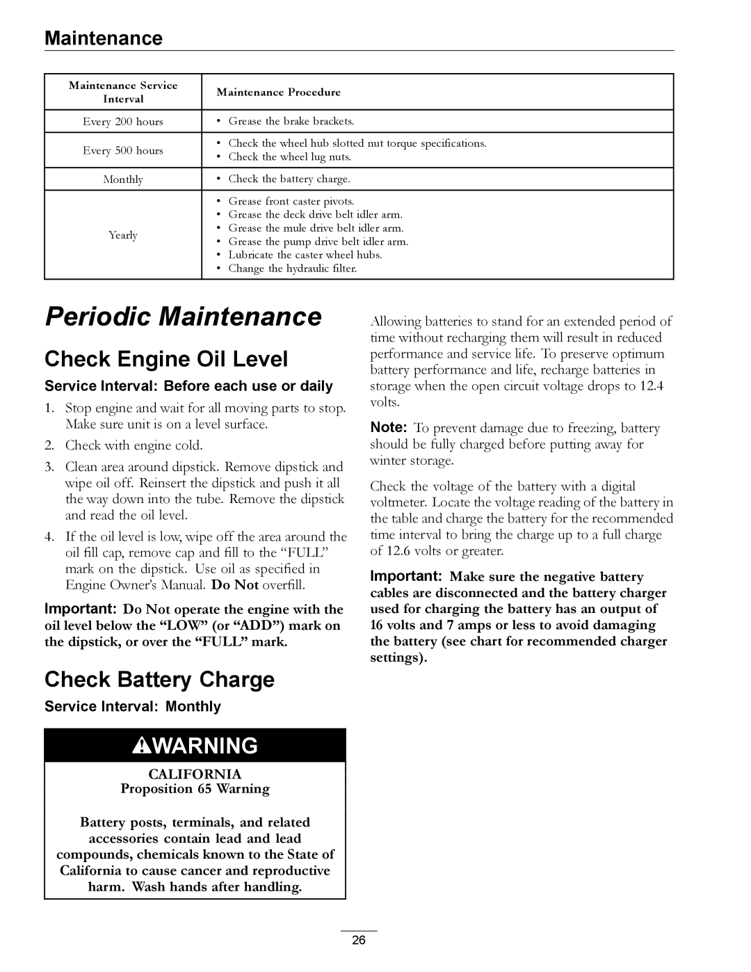 Exmark LZ27KC604 manual Check Engine Oil Level, Check Battery Charge, Service Interval Before each use or daily 