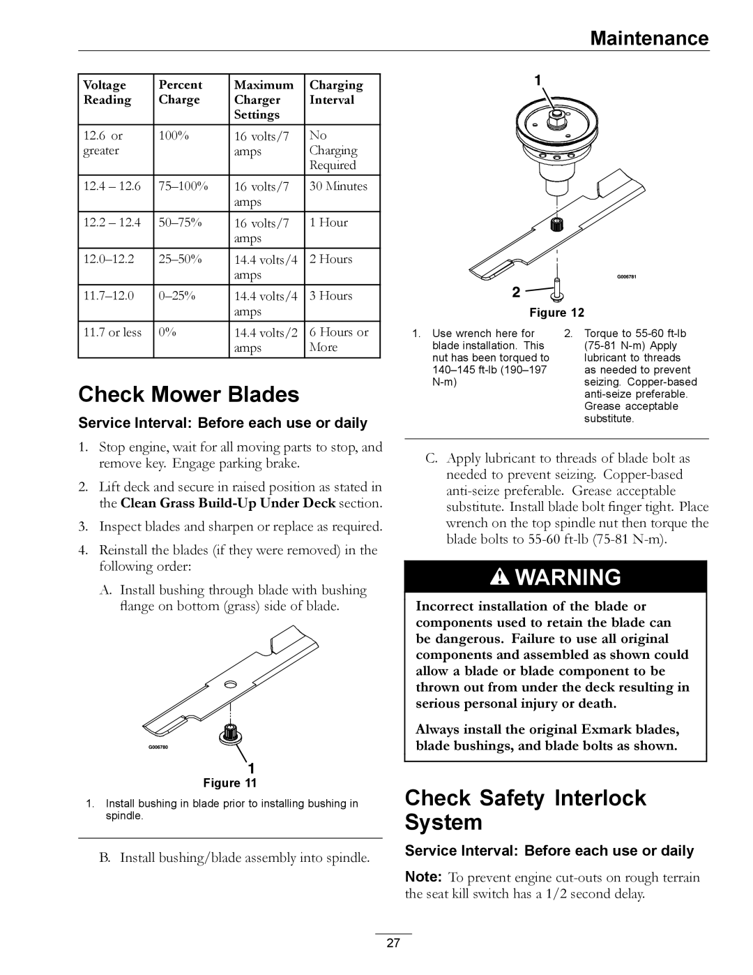 Exmark LZ27KC604 manual Check Mower Blades, Check Safety Interlock System 