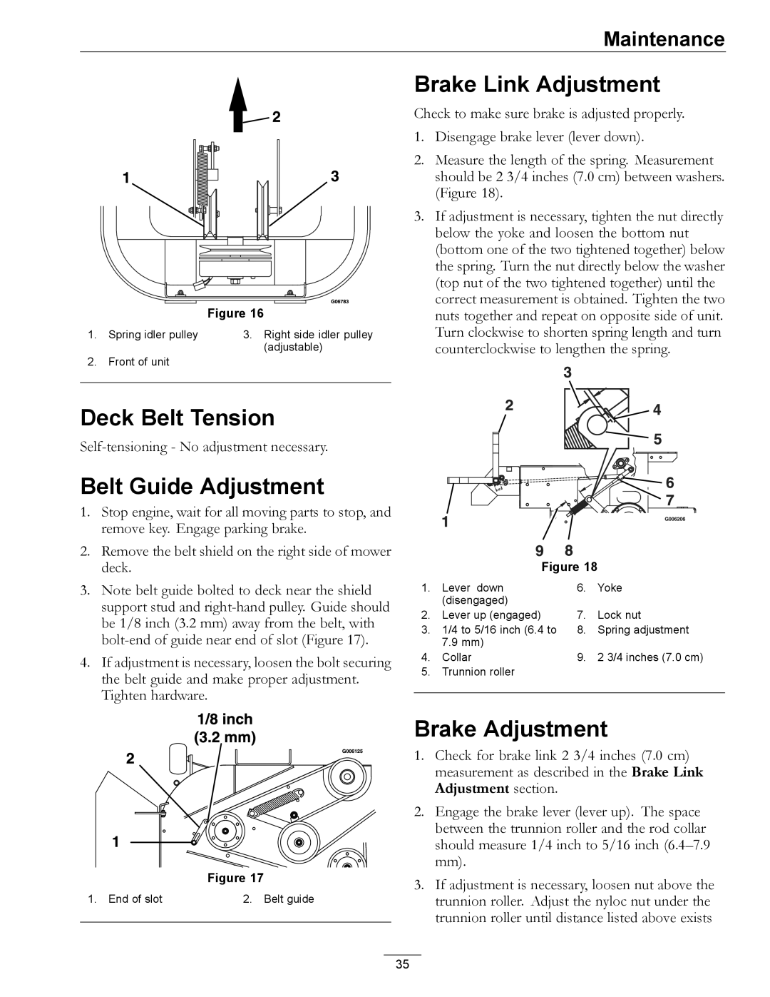 Exmark LZ27KC604 manual Brake Link Adjustment, Deck Belt Tension, Belt Guide Adjustment, Brake Adjustment 