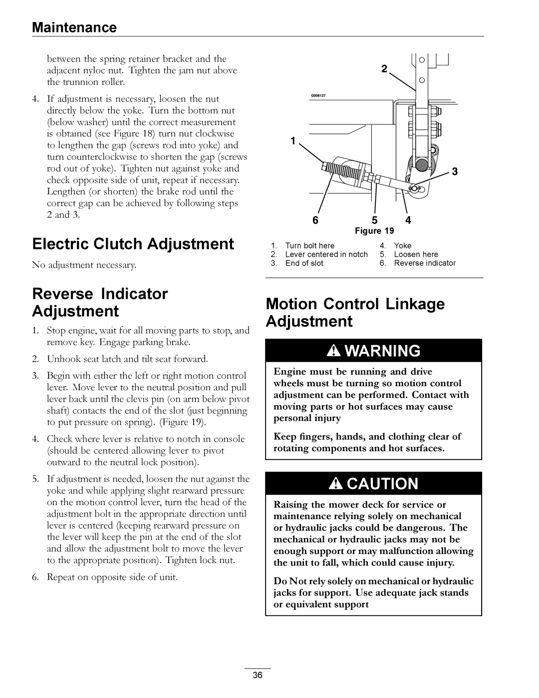 Exmark LZ27KC604 manual Electric Clutch Adjustment, Reverse Indicator Adjustment, Motion Control Linkage Adjustment 