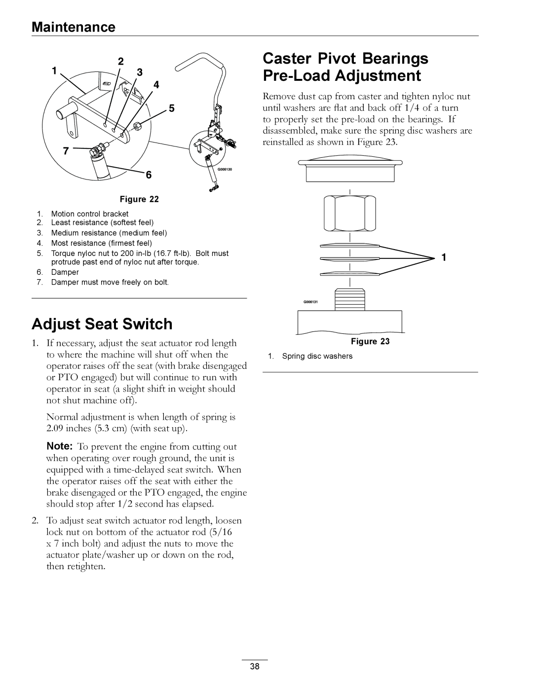 Exmark LZ27KC604 manual Caster Pivot Bearings Pre-Load Adjustment, Adjust Seat Switch 