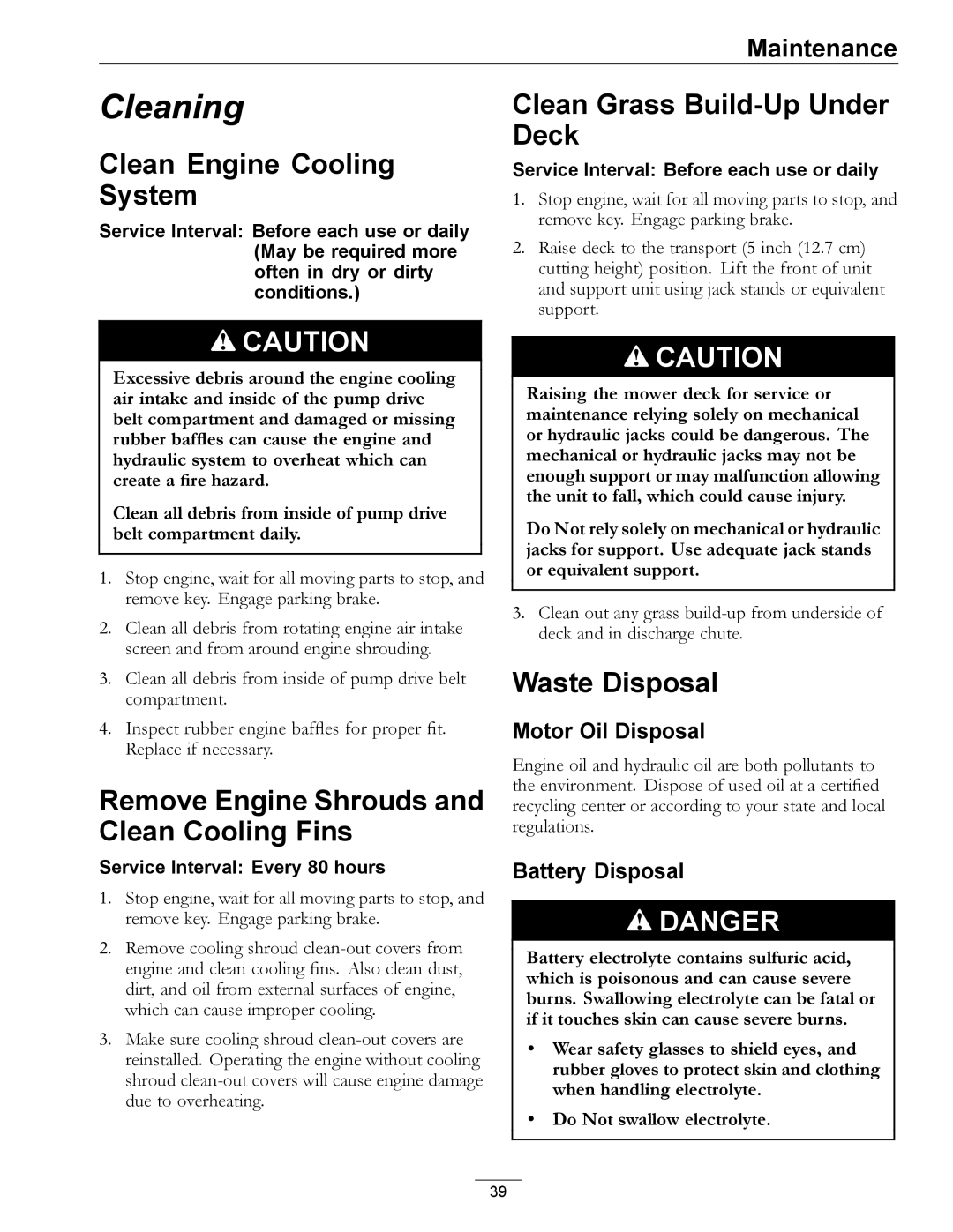 Exmark LZ27KC604 manual Clean Engine Cooling System, Remove Engine Shrouds and Clean Cooling Fins, Waste Disposal 