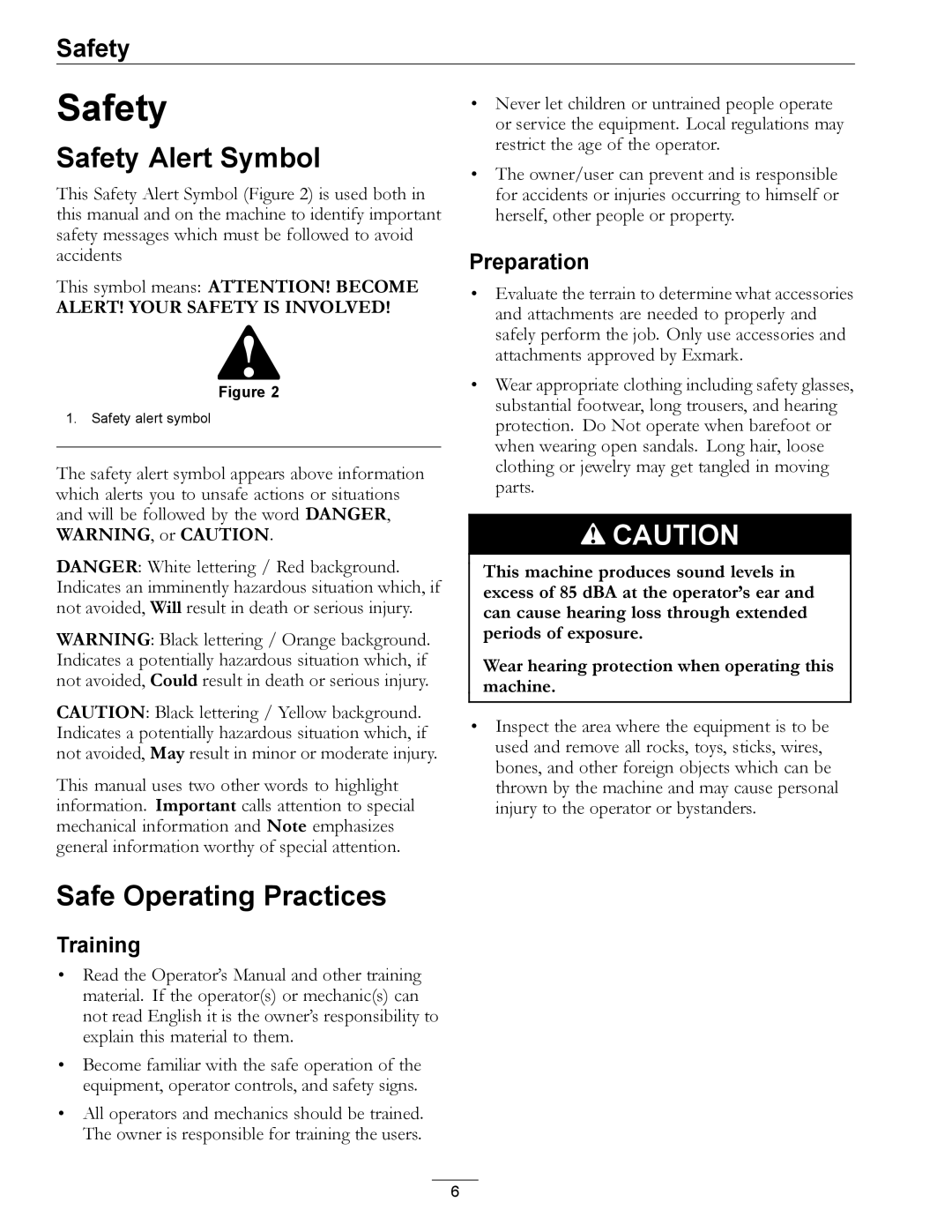 Exmark LZ27KC604 manual Safety Alert Symbol, Safe Operating Practices, Training, Preparation 