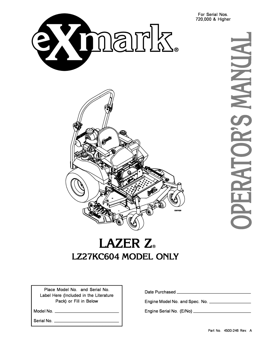 Exmark manual Lazer Z, LZ27KC604 MODEL ONLY 