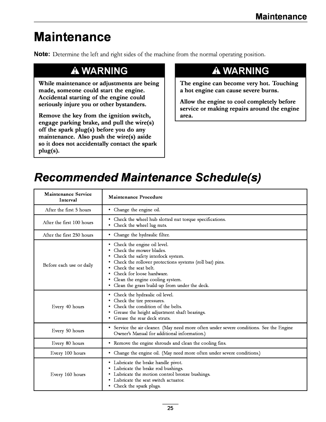 Exmark LZ27KC604 manual Recommended Maintenance Schedules 