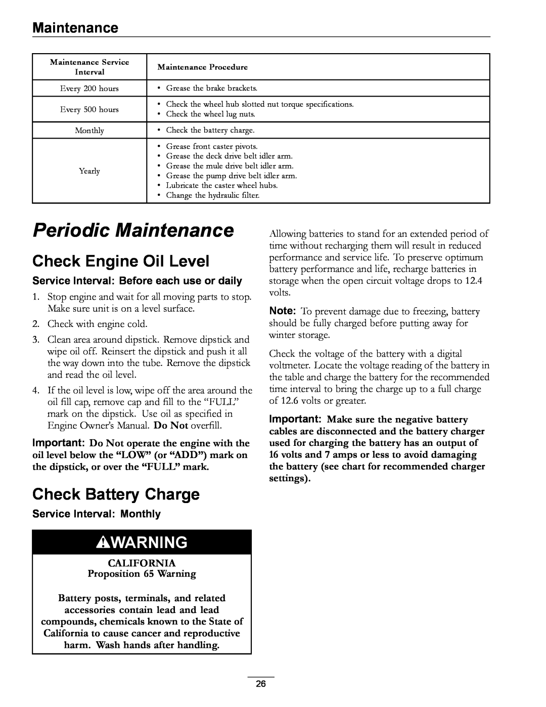 Exmark LZ27KC604 manual Periodic Maintenance, Check Engine Oil Level, Check Battery Charge, Service Interval Monthly 