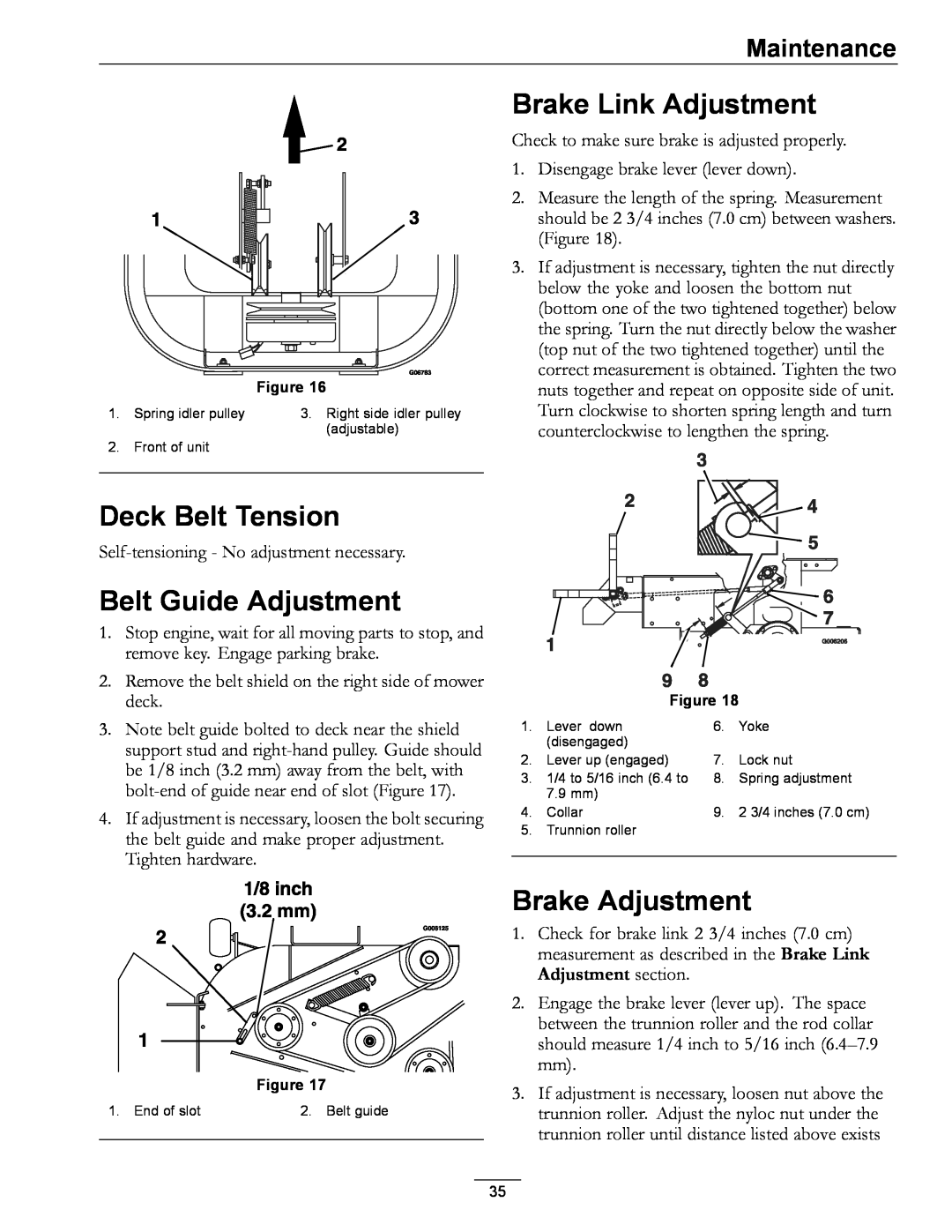Exmark LZ27KC604 manual Brake Link Adjustment, Deck Belt Tension, Belt Guide Adjustment, Brake Adjustment, Maintenance 