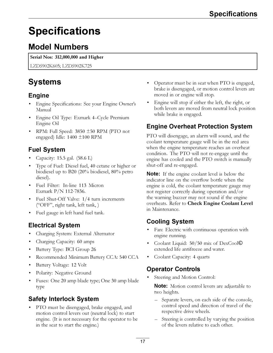 Exmark LZDS manual Specifications, Model Numbers, Systems 