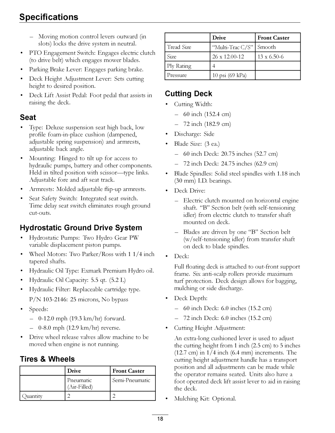 Exmark LZDS manual Seat, Hydrostatic Ground Drive System, Tires & Wheels, Cutting Deck 