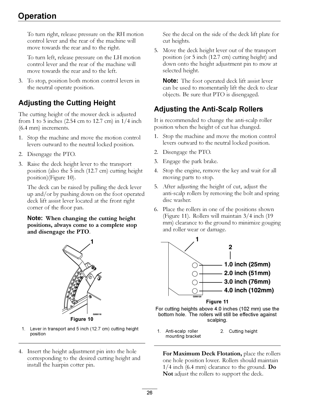 Exmark LZDS manual Adjusting the Cutting Height, Adjusting the Anti-Scalp Rollers 