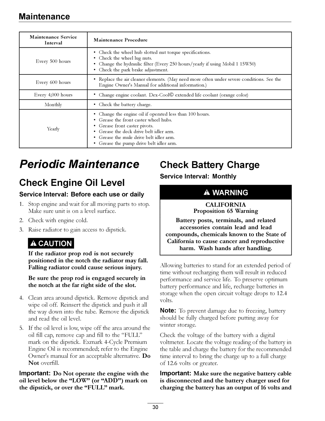 Exmark LZDS manual Check Engine Oil Level, Check Battery Charge 