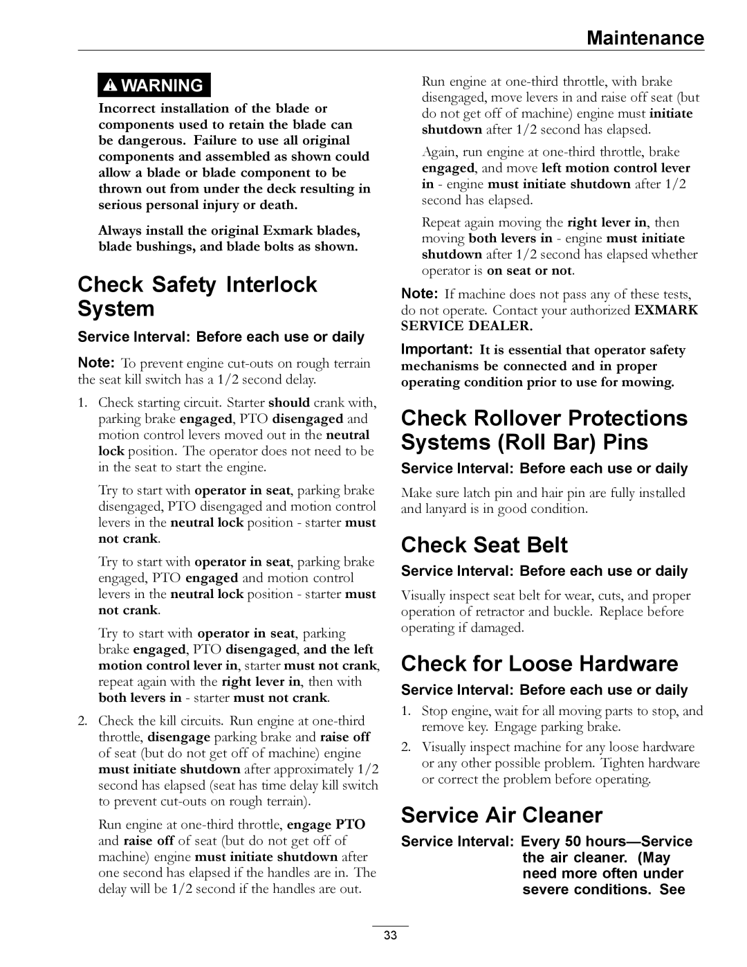 Exmark LZDS manual Check Safety Interlock System, Check Rollover Protections Systems Roll Bar Pins, Check Seat Belt 