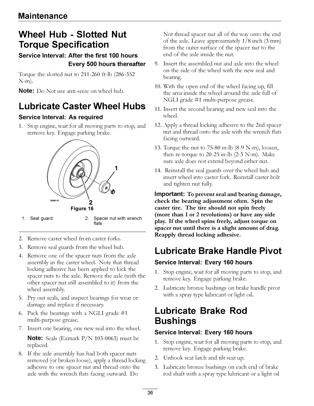 Exmark LZDS manual Wheel Hub Slotted Nut Torque Specification, Lubricate Caster Wheel Hubs, Lubricate Brake Handle Pivot 