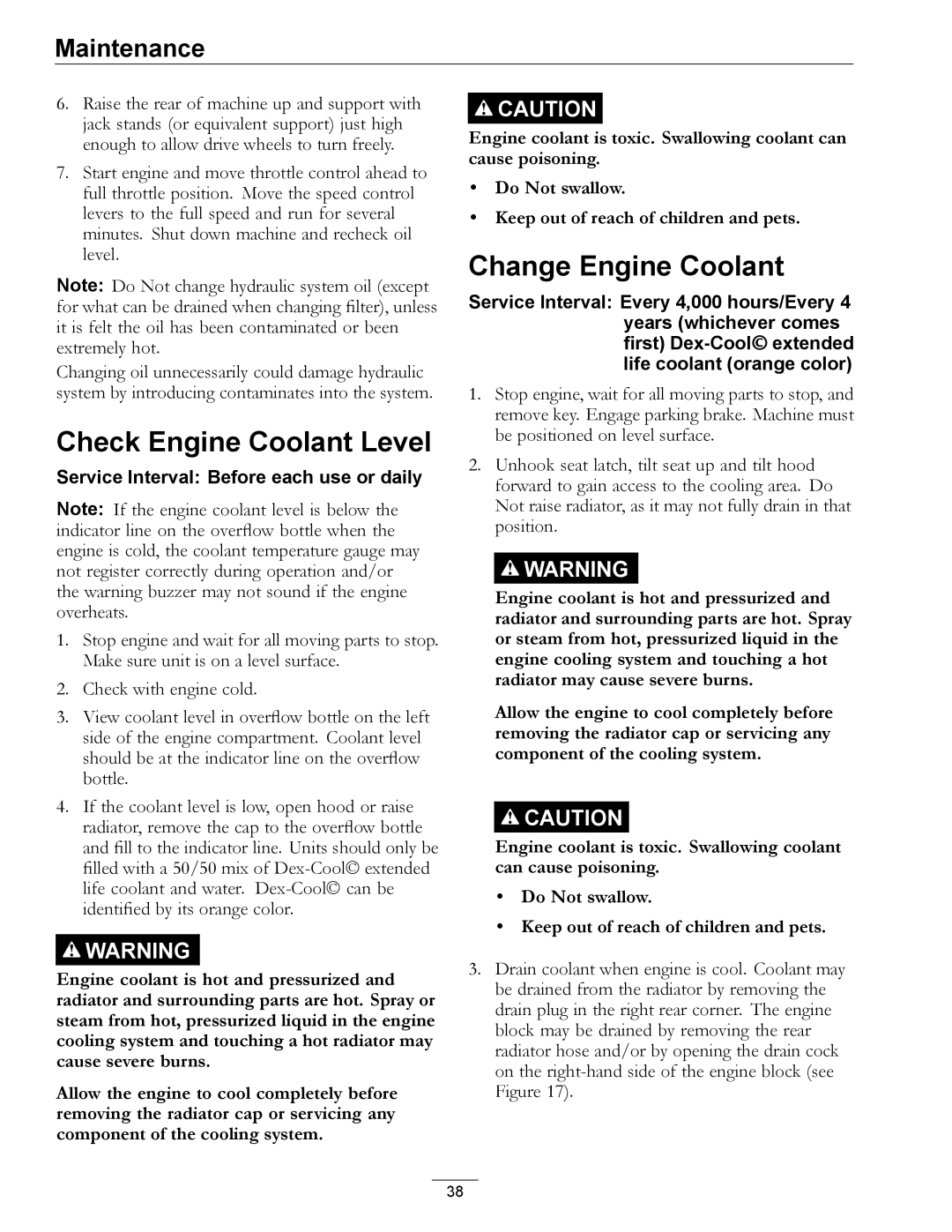 Exmark LZDS manual Check Engine Coolant Level, Change Engine Coolant 