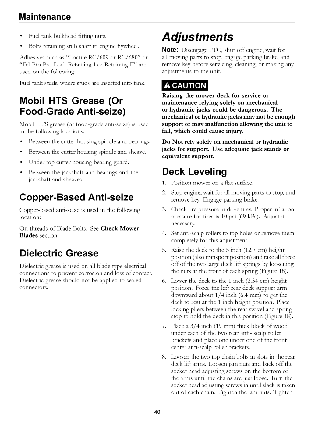 Exmark LZDS manual Mobil HTS Grease Or Food-Grade Anti-seize, Copper-Based Anti-seize, Dielectric Grease, Deck Leveling 