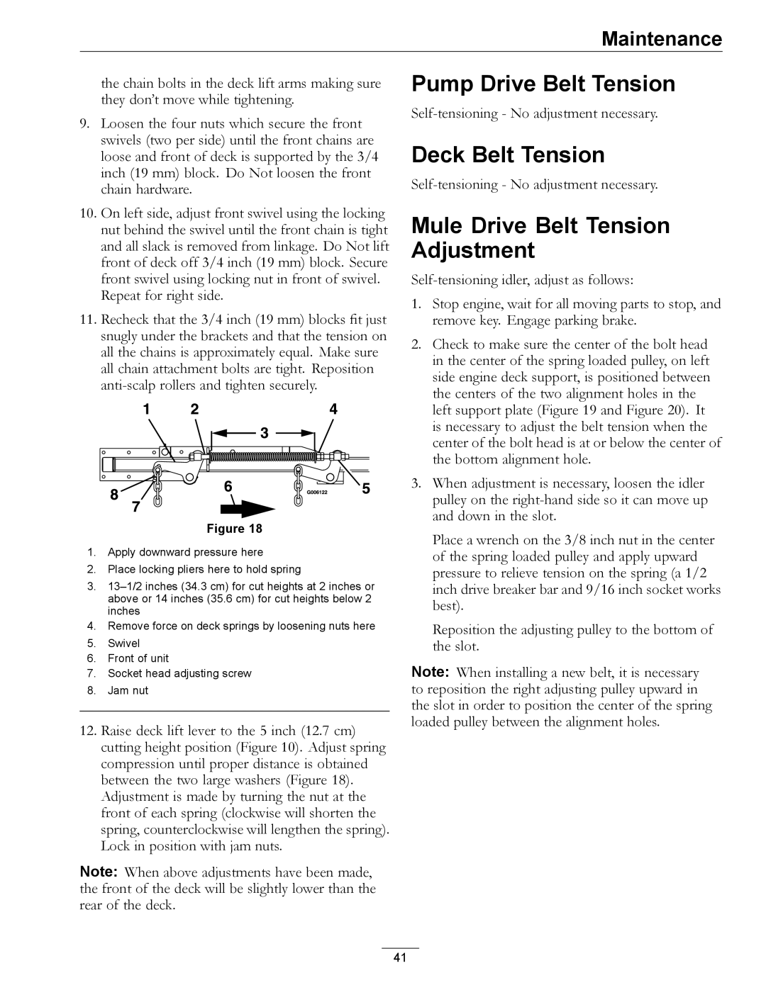 Exmark LZDS manual Pump Drive Belt Tension, Deck Belt Tension, Mule Drive Belt Tension Adjustment 