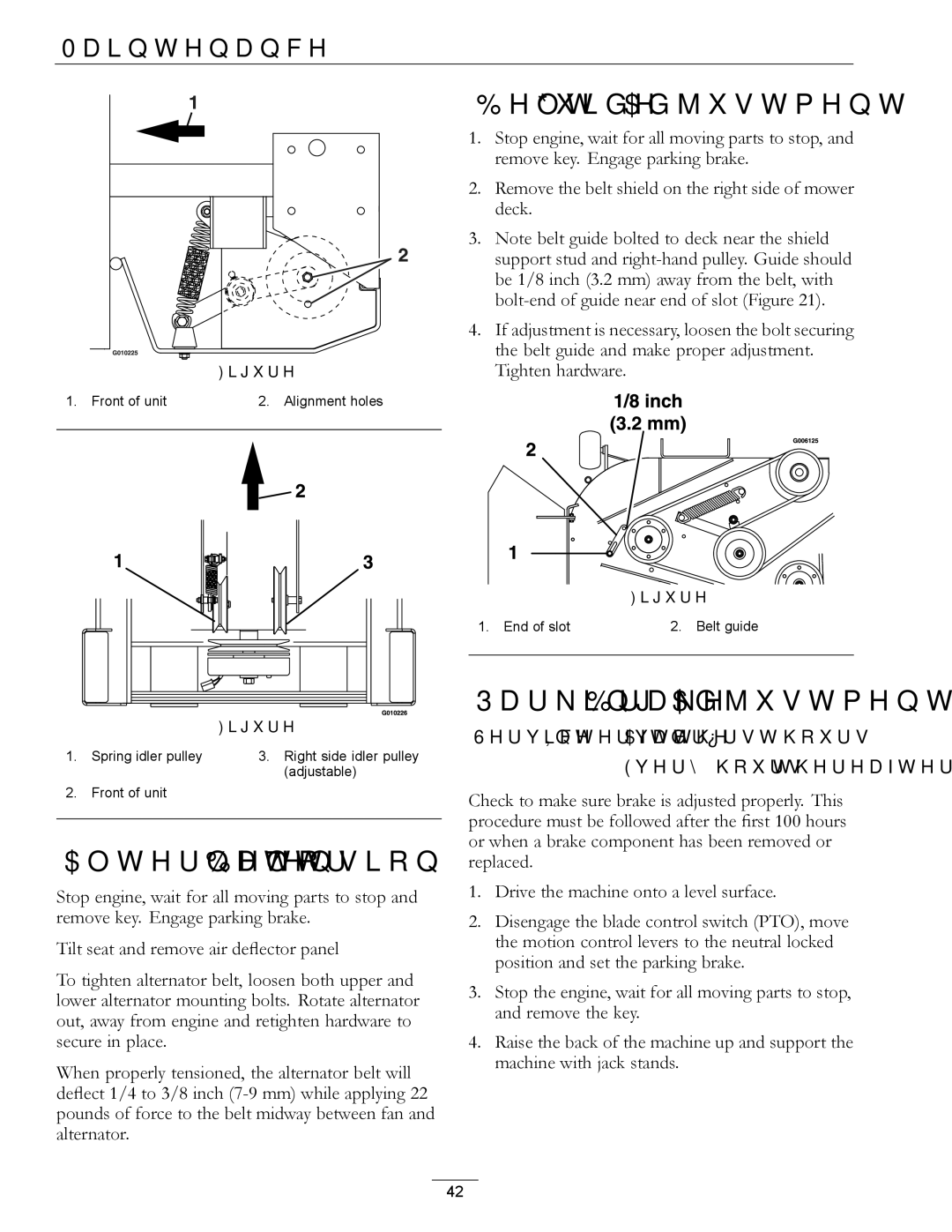 Exmark LZDS manual Belt Guide Adjustment, Alternator Belt Tension, Parking Brake Adjustment 