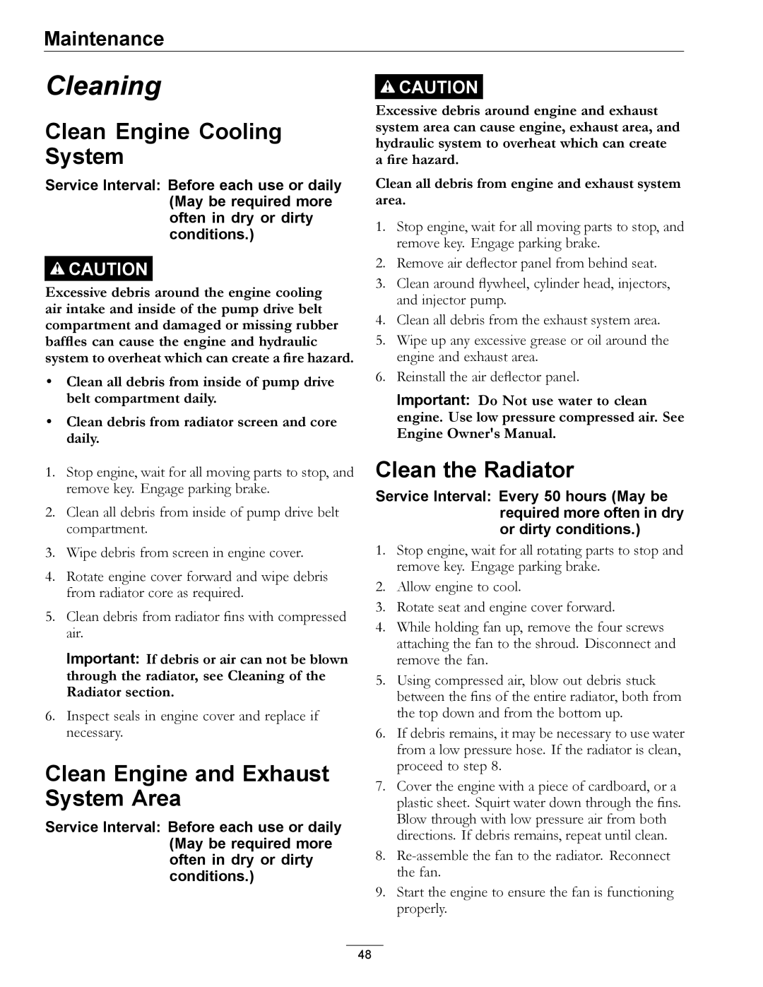 Exmark LZDS manual Clean Engine Cooling System, Clean Engine and Exhaust System Area, Clean the Radiator 