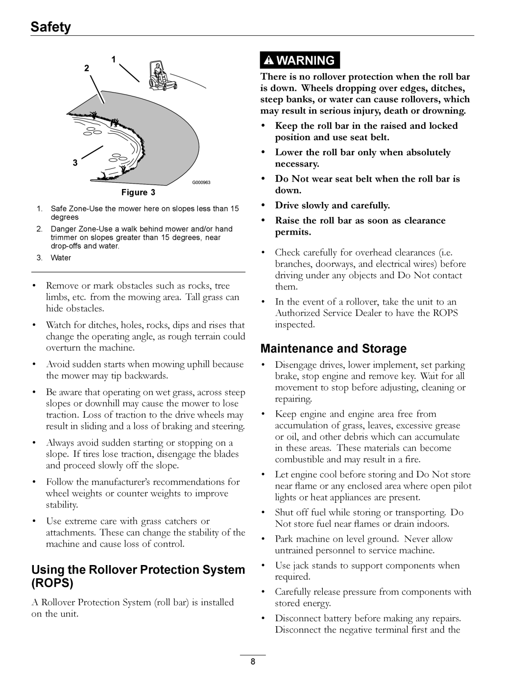 Exmark LZDS manual Using the Rollover Protection System Rops, Maintenance and Storage 