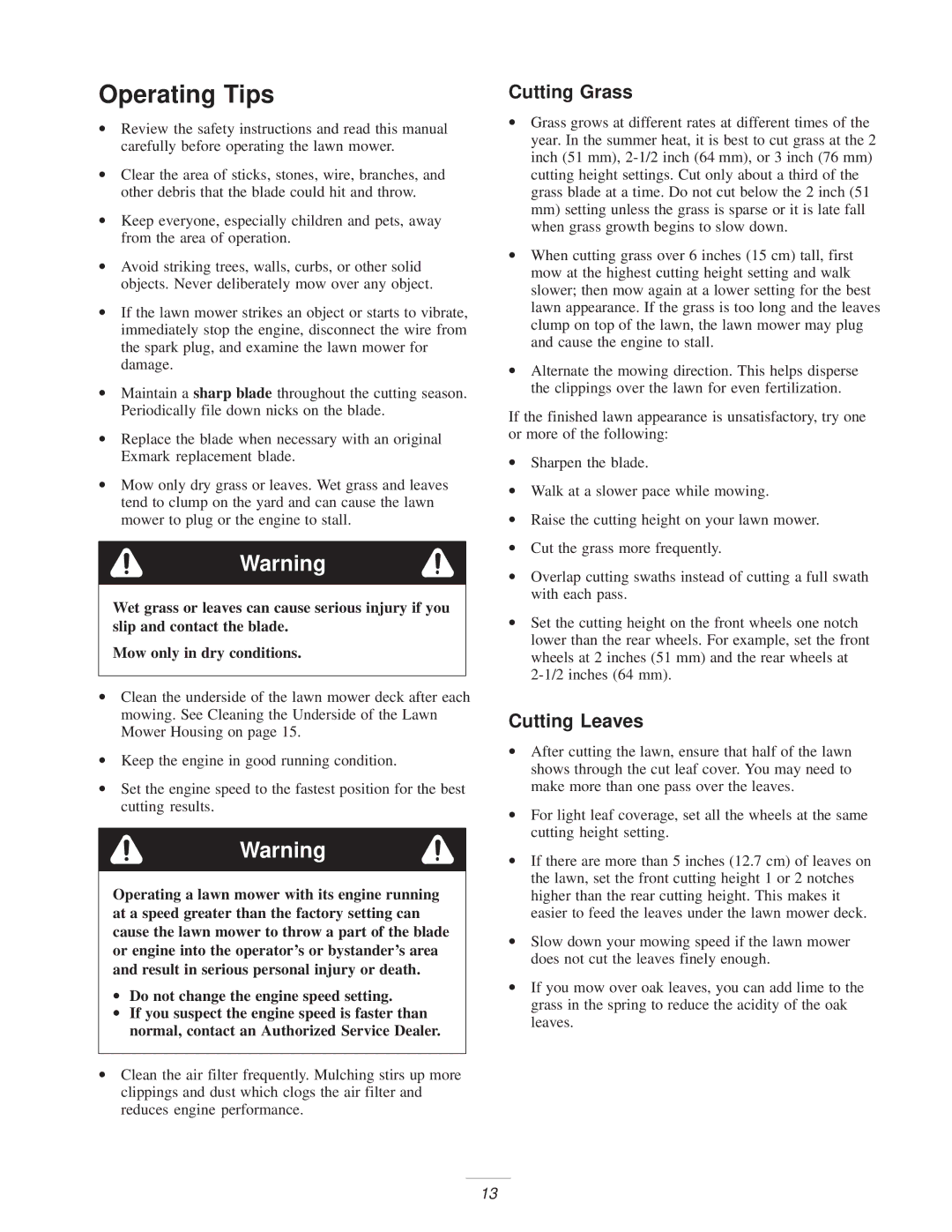 Exmark M216KA, M216KASP manual Operating Tips, Cutting Grass, Cutting Leaves 