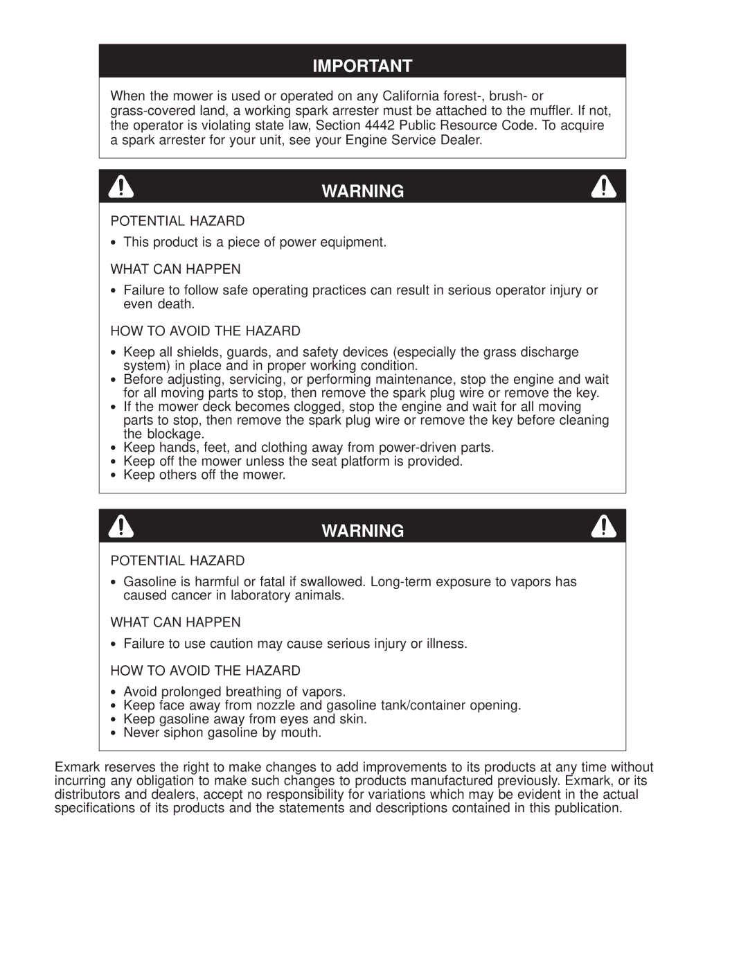 Exmark M216KA, M216KASP manual Potential Hazard 