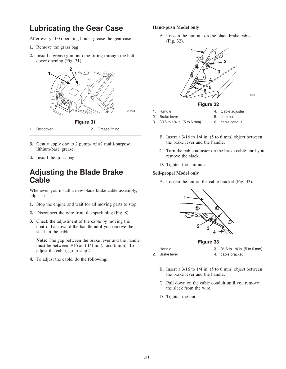 Exmark M216KA, M216KASP manual Lubricating the Gear Case, Adjusting the Blade Brake Cable, Hand-push Model only 