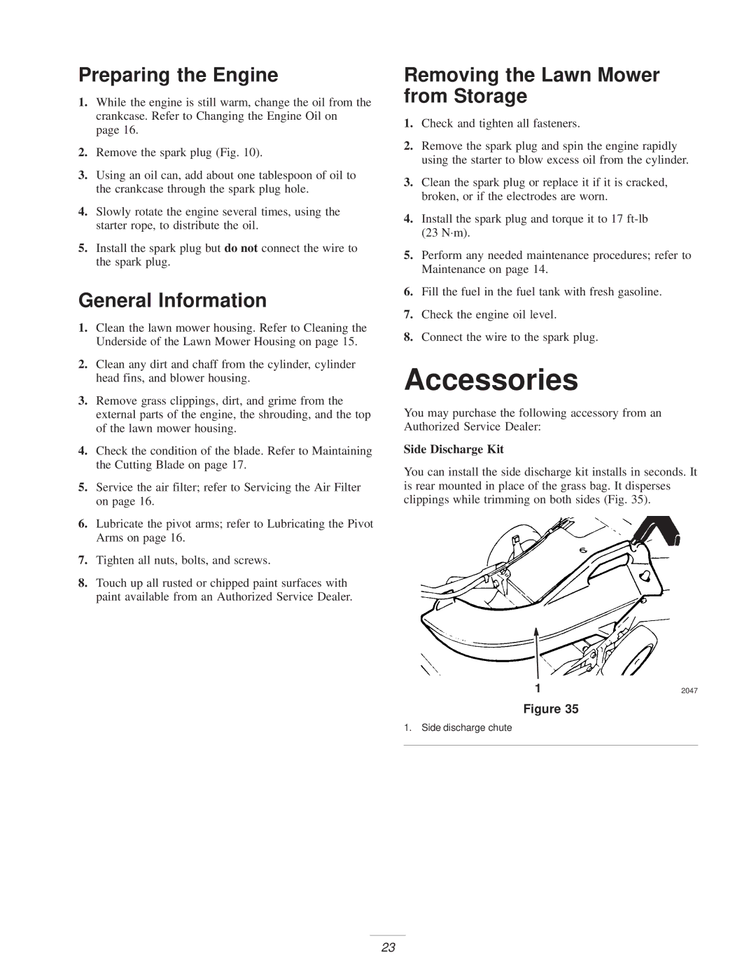 Exmark M216KA, M216KASP manual Accessories, Preparing the Engine, General Information, Removing the Lawn Mower from Storage 