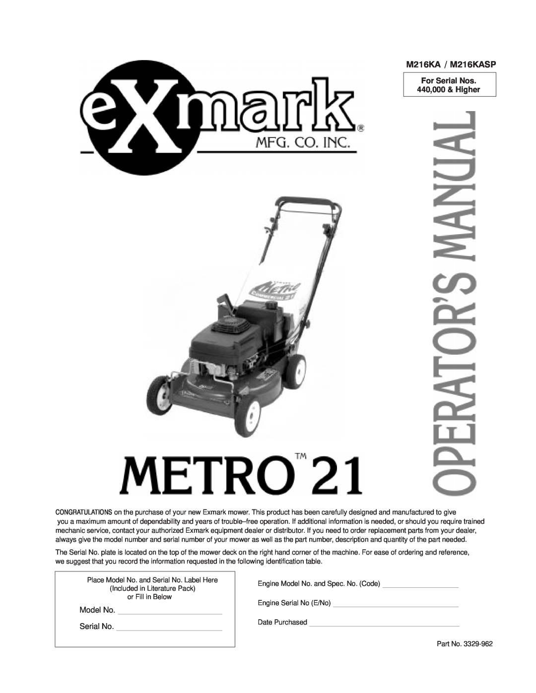 Exmark M216KA, M216KASP manual M216KA / M216KASP, For Serial Nos 440,000 & Higher 