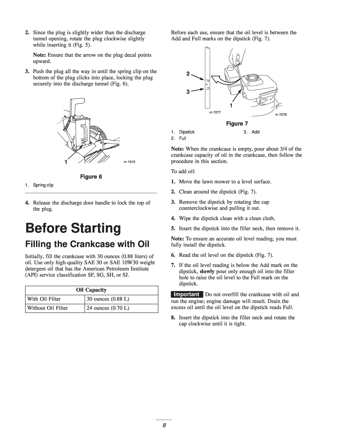 Exmark M216KA, M216KASP manual Before Starting, Filling the Crankcase with Oil, Oil Capacity 