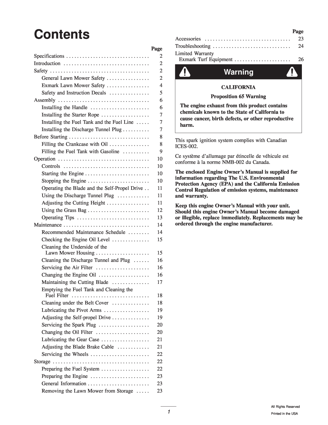 Exmark M216KA, M216KASP manual Contents, Page, CALIFORNIA Proposition 65 Warning 