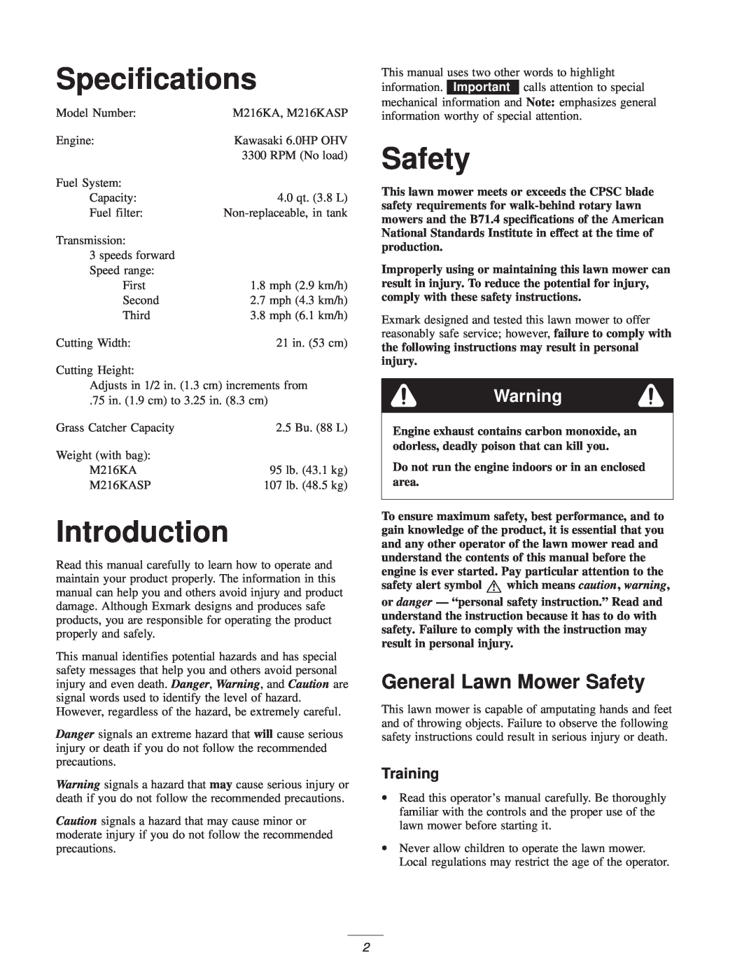 Exmark M216KA, M216KASP manual Specifications, Introduction, General Lawn Mower Safety, Training 