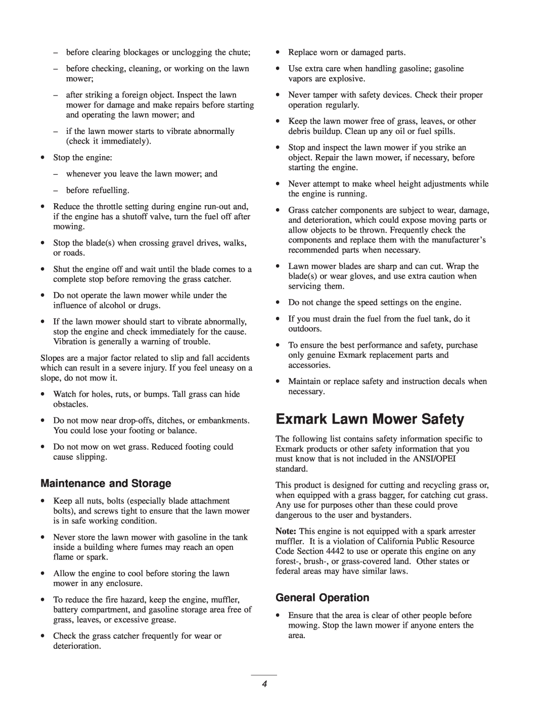 Exmark M216KA, M216KASP manual Exmark Lawn Mower Safety, Maintenance and Storage, General Operation 