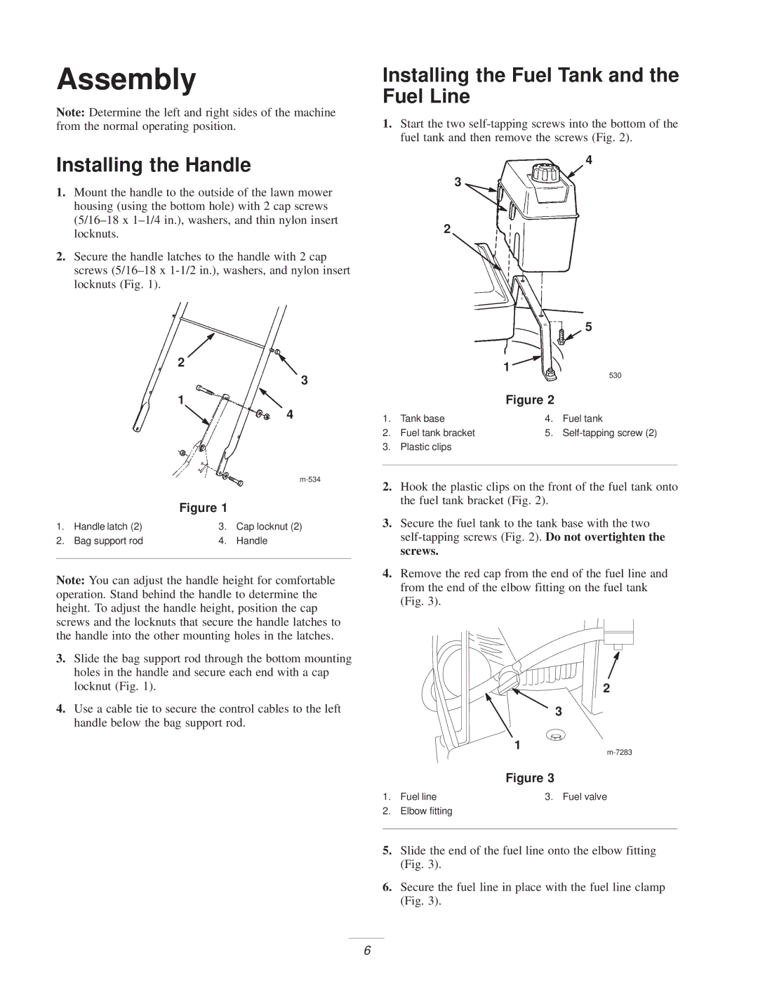 Exmark M216KASPC manual Assembly, Installing the Handle, Installing the Fuel Tank and the Fuel Line 