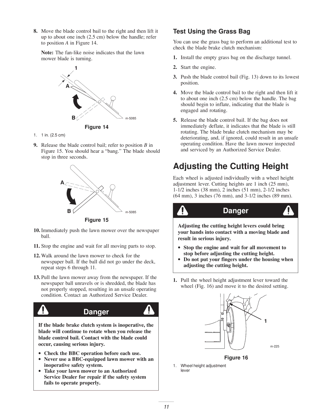 Exmark M216KASPC manual Adjusting the Cutting Height, Test Using the Grass Bag 