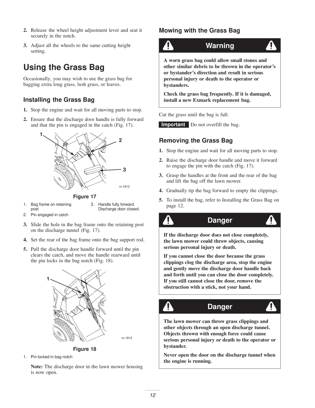 Exmark M216KASPC manual Using the Grass Bag, Installing the Grass Bag, Mowing with the Grass Bag, Removing the Grass Bag 