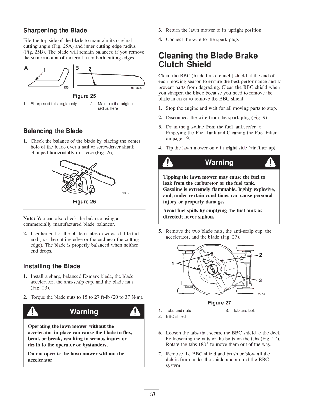 Exmark M216KASPC Cleaning the Blade Brake Clutch Shield, Sharpening the Blade, Balancing the Blade, Installing the Blade 