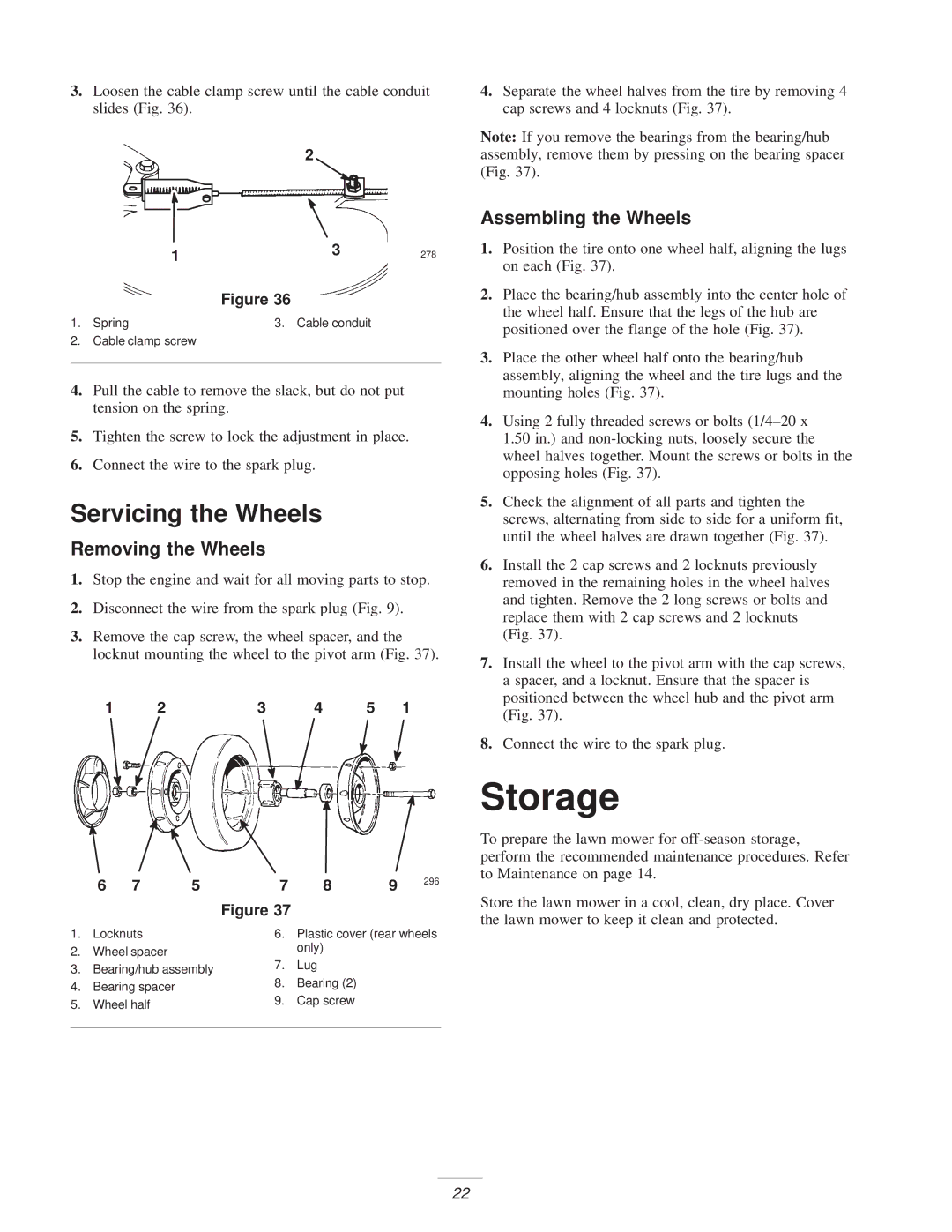 Exmark M216KASPC manual Storage, Servicing the Wheels, Removing the Wheels, Assembling the Wheels 