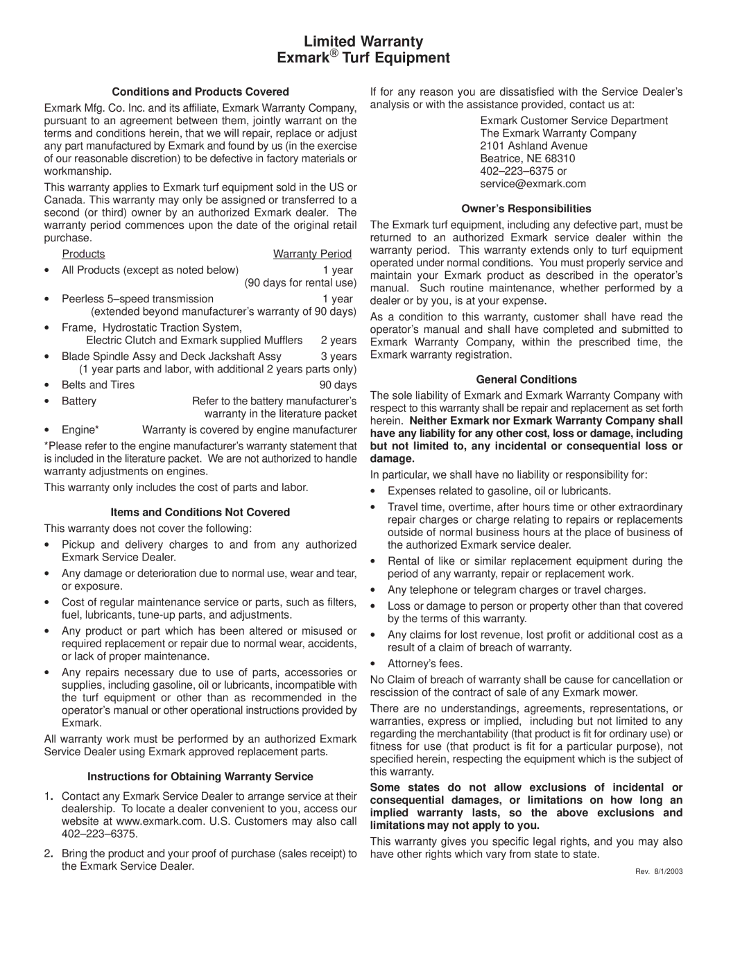 Exmark M216KASPC manual Limited Warranty Exmark Turf Equipment, Conditions and Products Covered 