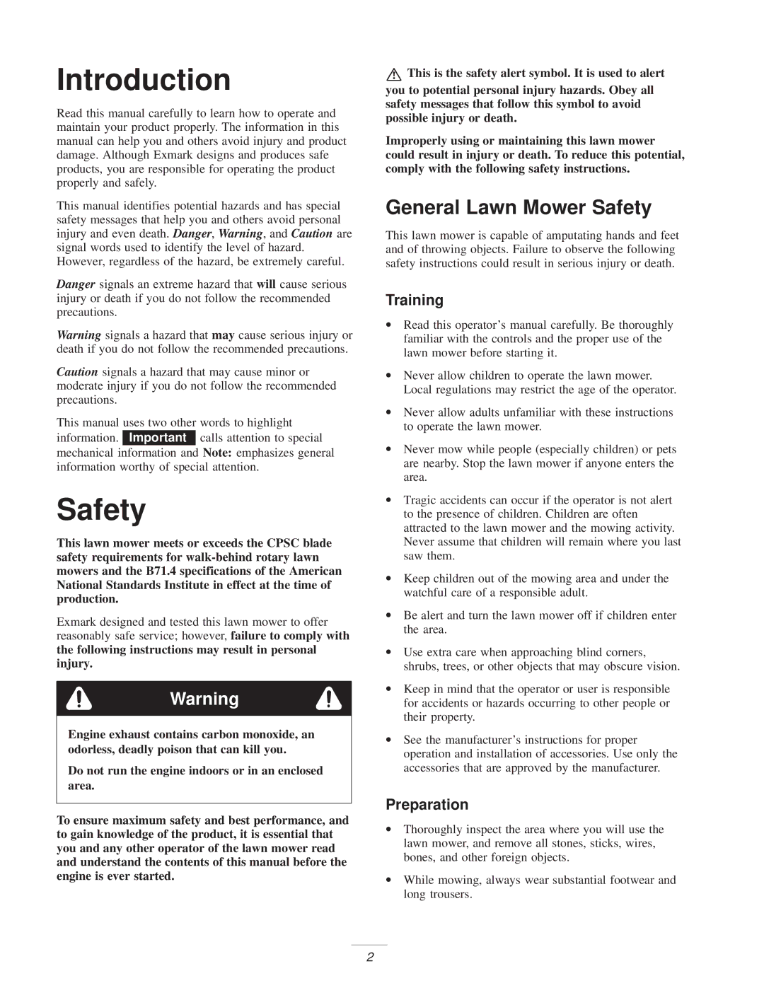 Exmark M216KASPC manual Introduction, General Lawn Mower Safety, Training, Preparation 