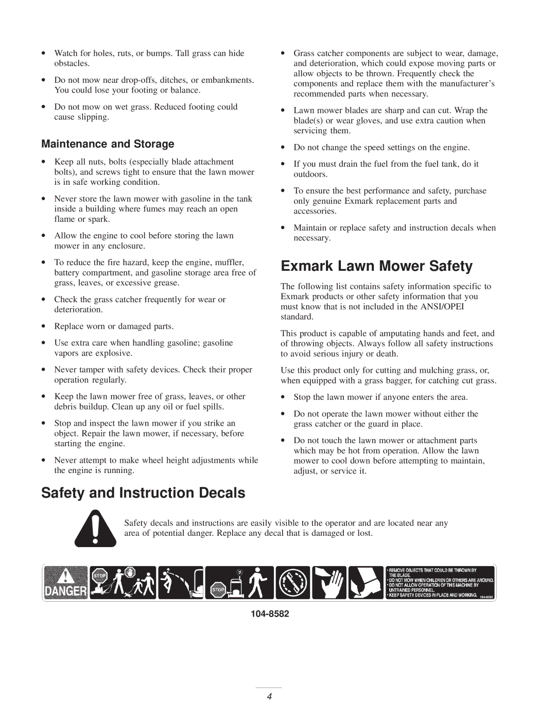 Exmark M216KASPC manual Exmark Lawn Mower Safety, Safety and Instruction Decals, Maintenance and Storage 