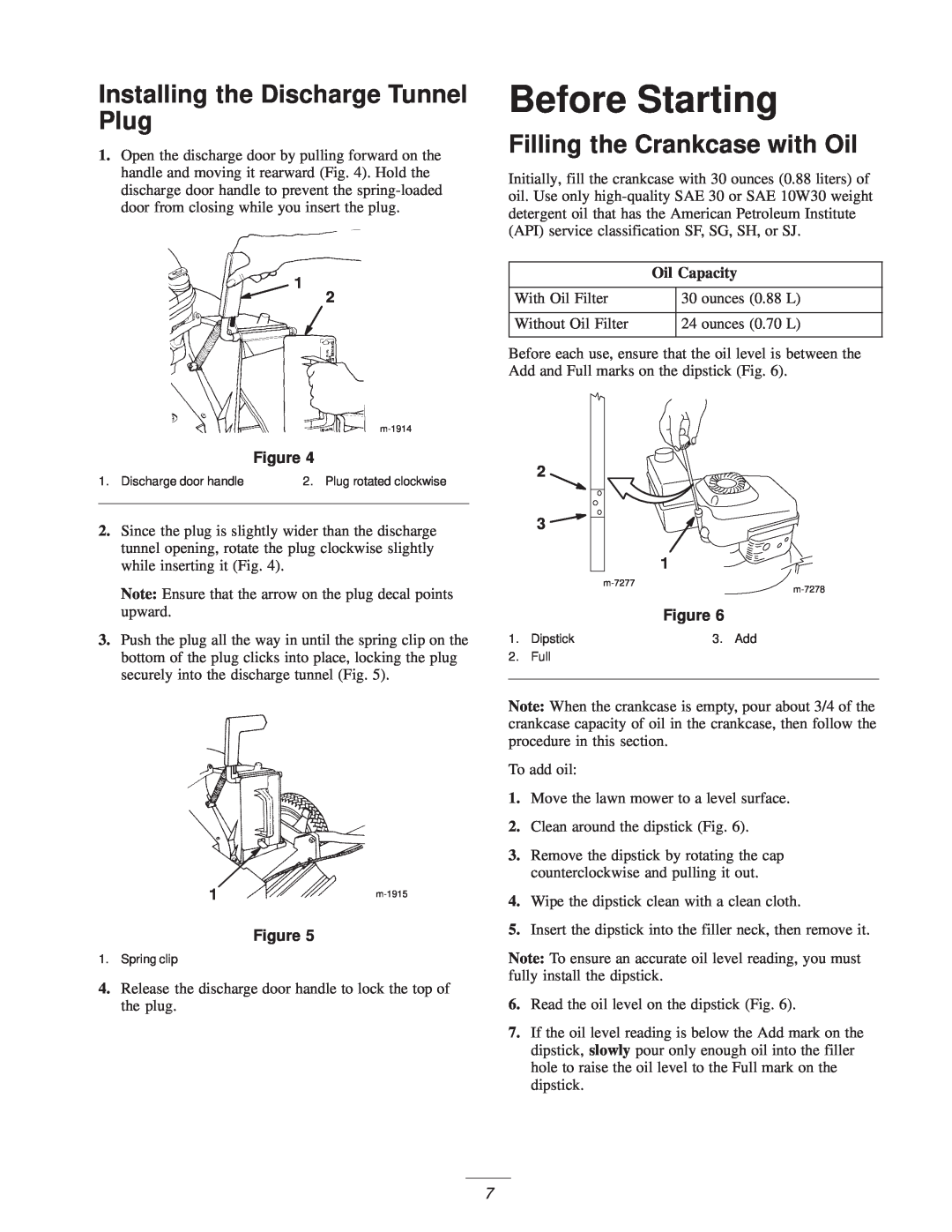 Exmark M216KASPC manual Before Starting, Installing the Discharge Tunnel Plug, Filling the Crankcase with Oil 