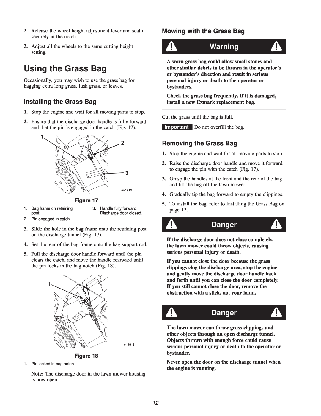 Exmark M216KASPC Using the Grass Bag, Installing the Grass Bag, Mowing with the Grass Bag, Removing the Grass Bag, Danger 