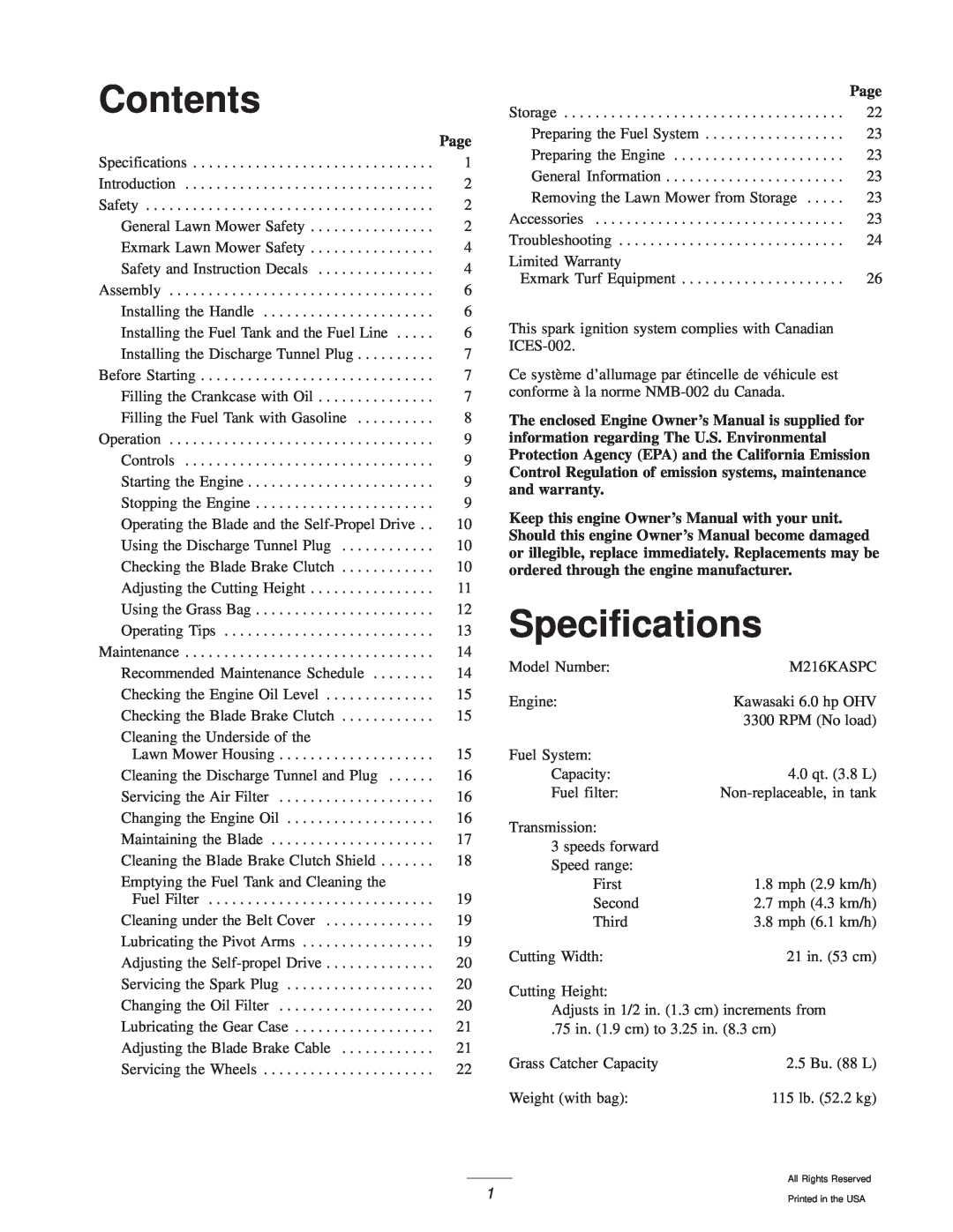 Exmark M216KASPC manual Contents, Specifications, Page 