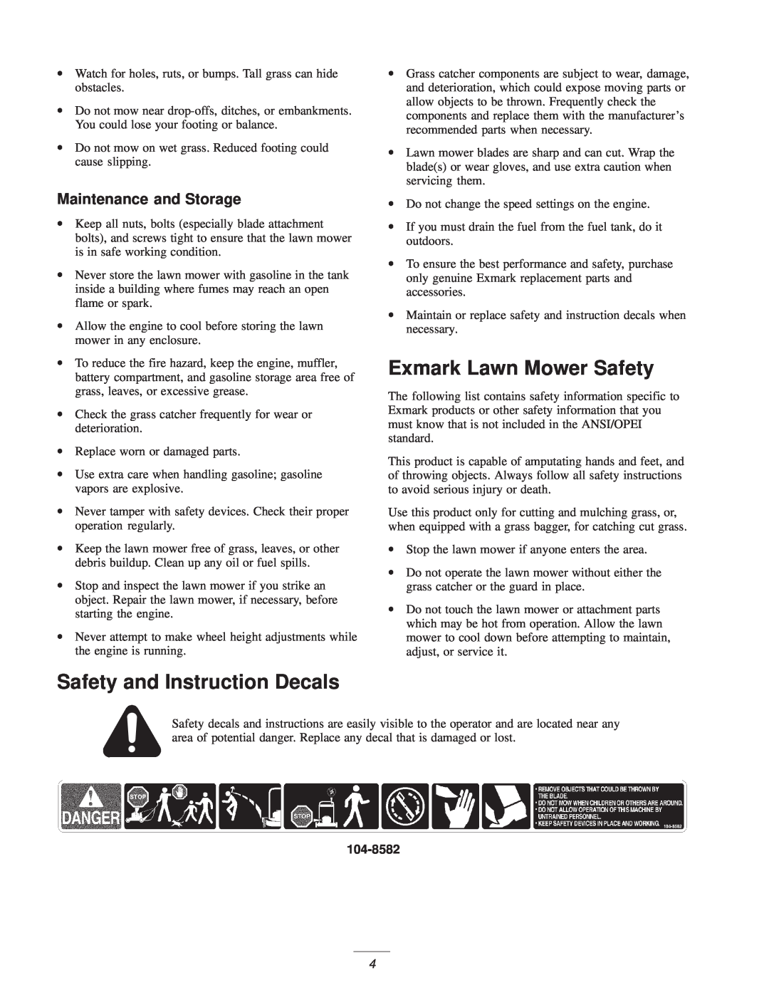 Exmark M216KASPC manual Exmark Lawn Mower Safety, Safety and Instruction Decals, Maintenance and Storage, 104-8582 