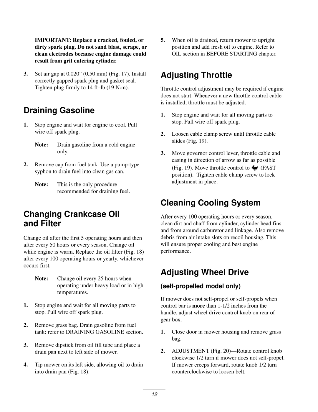 Exmark M217b, M217bsp Draining Gasoline, Changing Crankcase Oil and Filter, Adjusting Throttle, Cleaning Cooling System 