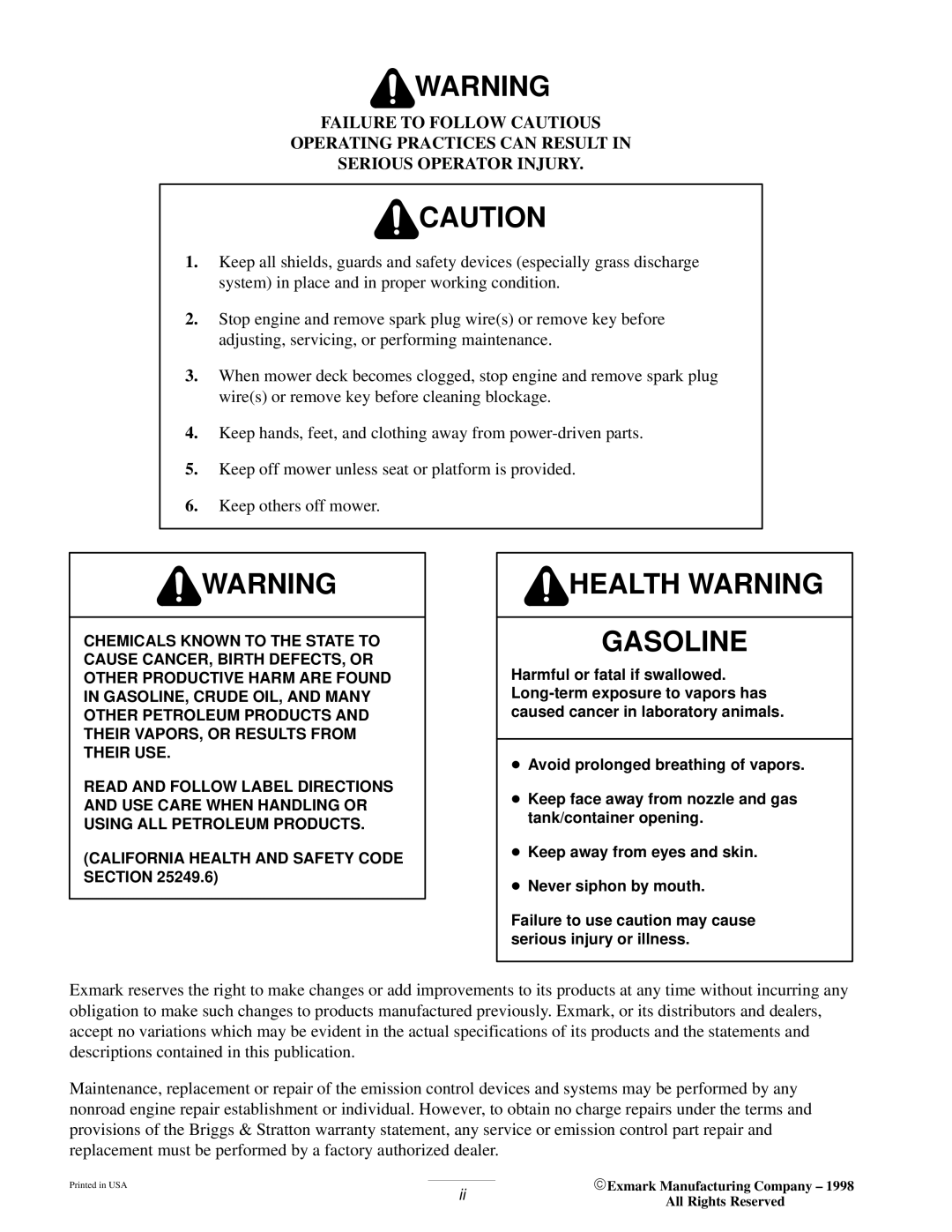 Exmark M217b, M217bsp, M217B manual Health Warning Gasoline 