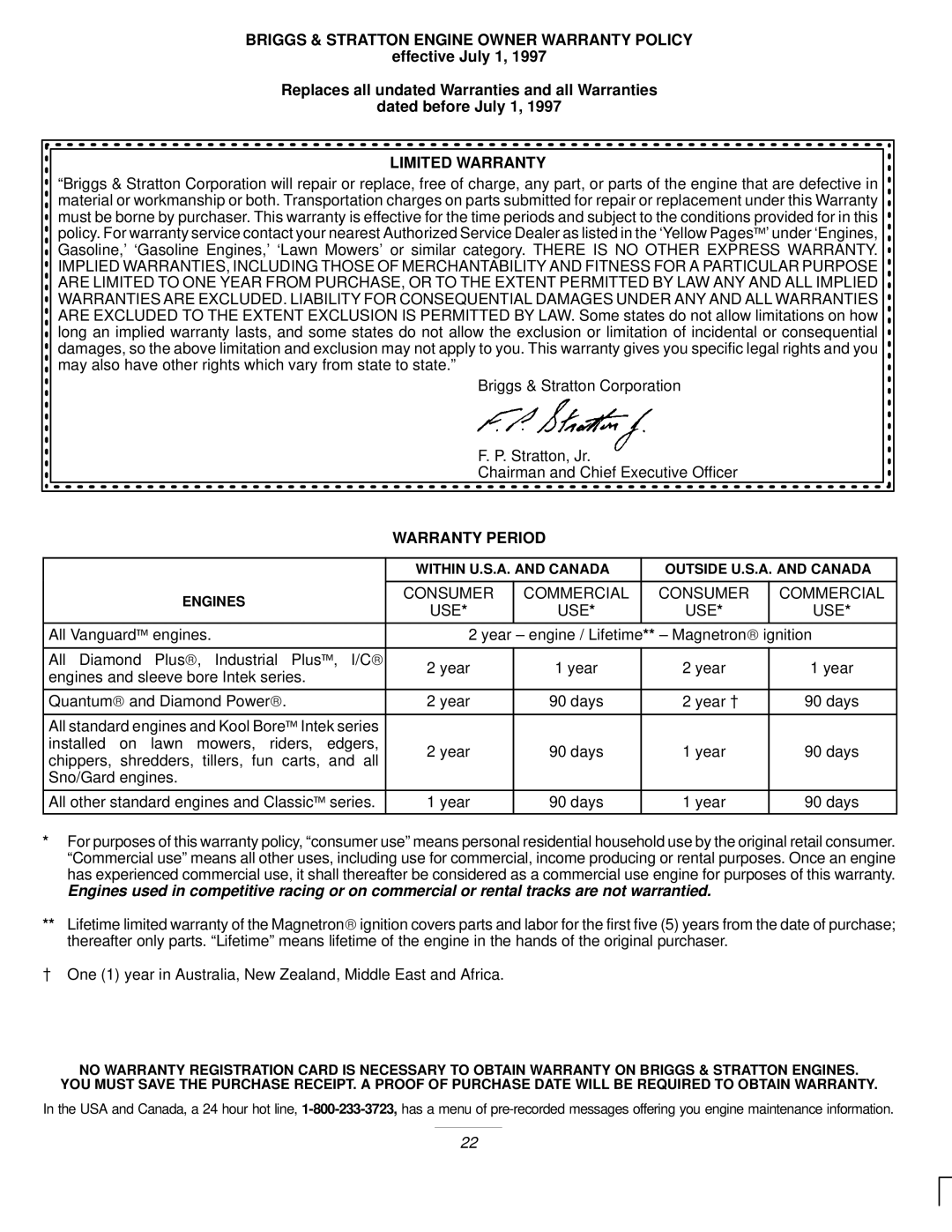 Exmark M217b, M217bsp, M217B manual Briggs & Stratton Engine Owner Warranty Policy 